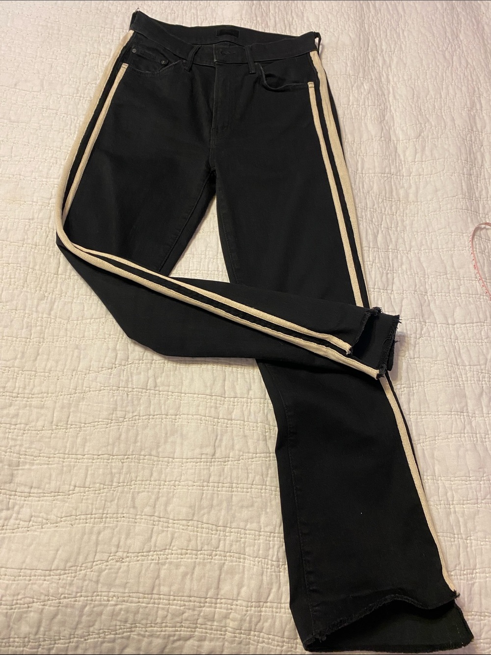 MOTHER Black Straight-Leg Jeans with Cream Side Stripes